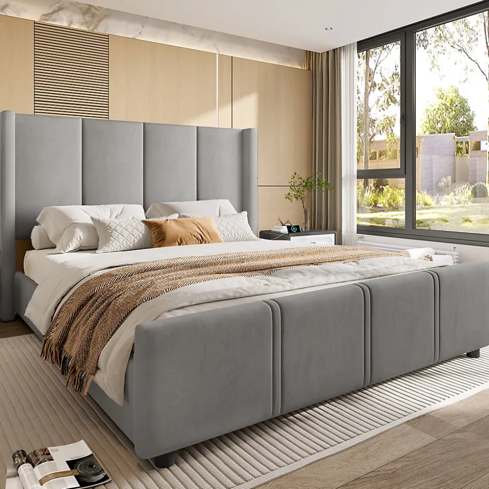 Lit 140x190 cm - tête de lit haute en velours gris foncé, ports USB intégrés, cadre métal & panneau bois