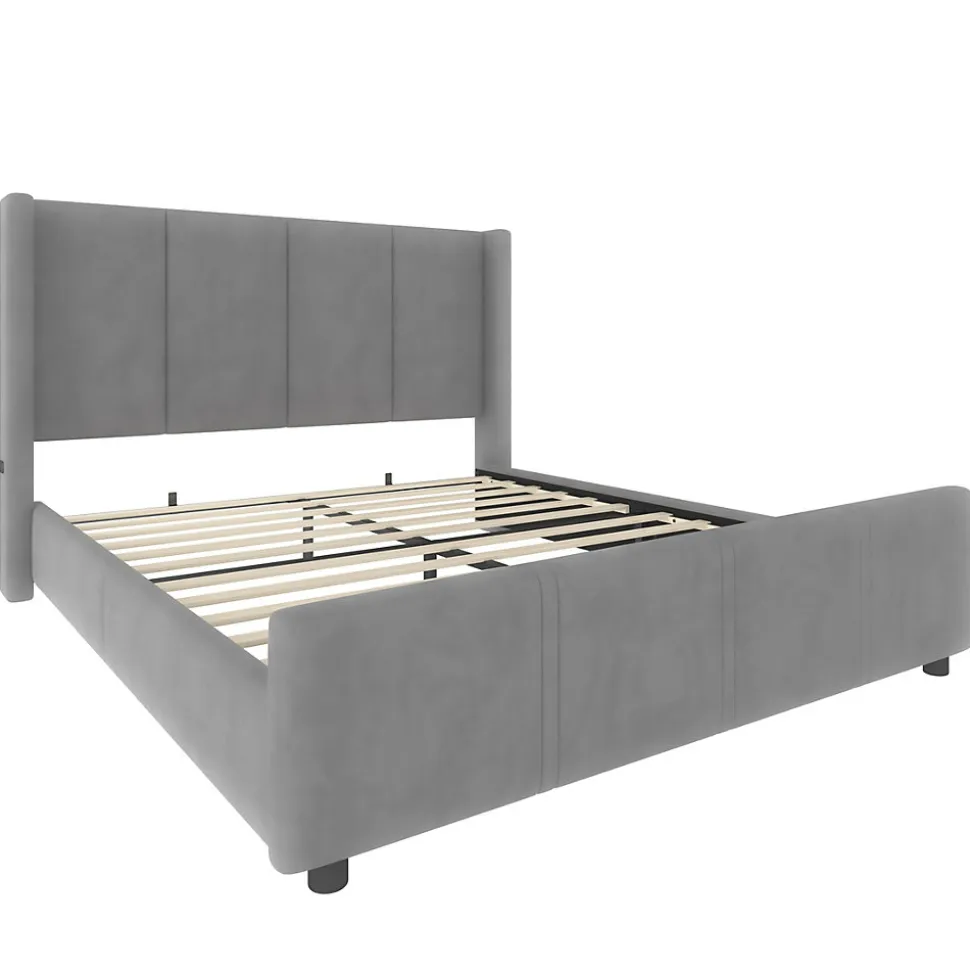 Lit 140x190 cm - tête de lit haute en velours gris foncé, ports USB intégrés, cadre métal & panneau bois