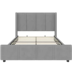 Lit 140x190 cm - tête de lit haute en velours gris foncé, ports USB intégrés, cadre métal & panneau bois