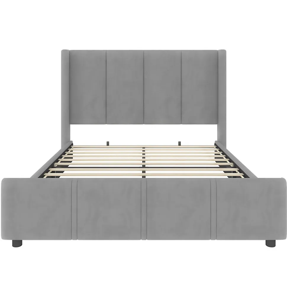 Lit 140x190 cm - tête de lit haute en velours gris foncé, ports USB intégrés, cadre métal & panneau bois