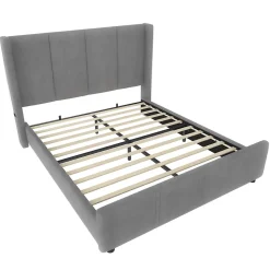 Lit 140x190 cm - tête de lit haute en velours gris foncé, ports USB intégrés, cadre métal & panneau bois