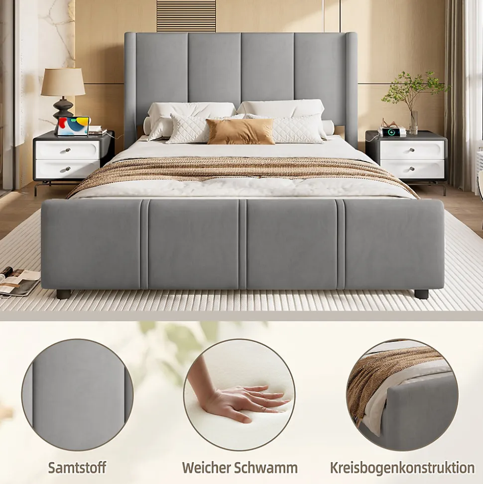 Lit 140x190 cm - tête de lit haute en velours gris foncé, ports USB intégrés, cadre métal & panneau bois