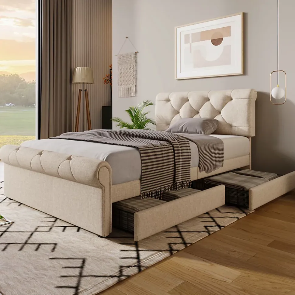 Lit 90x200 cm avec 2 tiroirs de rangement et tête de lit réglable, cadre métal et bois, tissu lin naturel