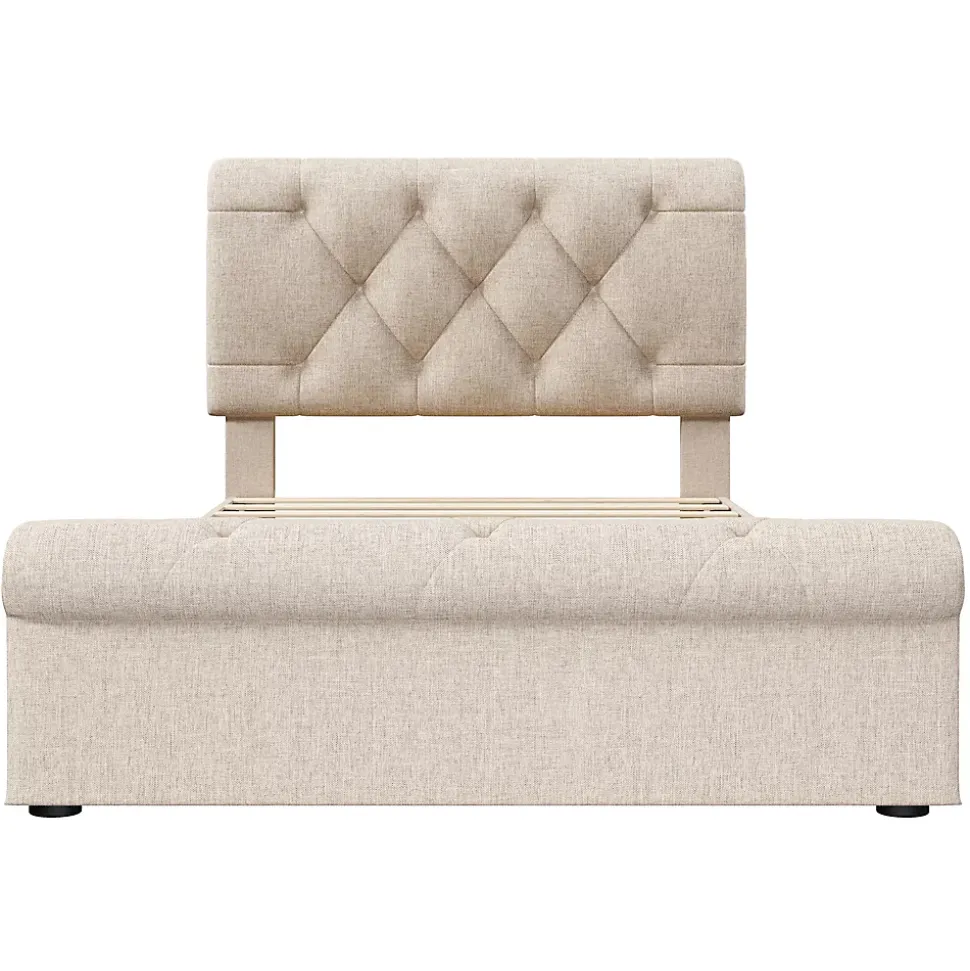 Lit 90x200 cm avec 2 tiroirs de rangement et tête de lit réglable, cadre métal et bois, tissu lin naturel