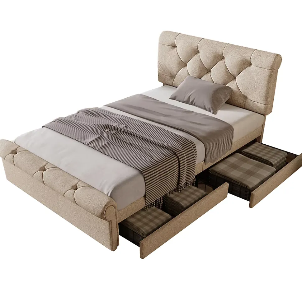 Lit 90x200 cm avec 2 tiroirs de rangement et tête de lit réglable, cadre métal et bois, tissu lin naturel