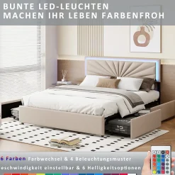Lit 160x200 cm avec 4 tiroirs de rangement, tête de lit avec éclairage LED, revêtement en tissu beige, Lit coffre moderne