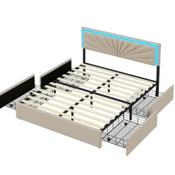 Lit 160x200 cm avec 4 tiroirs de rangement, tête de lit avec éclairage LED, revêtement en tissu beige, Lit coffre moderne