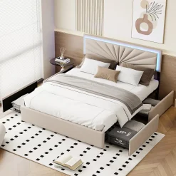 Lit 160x200 cm avec 4 tiroirs de rangement, tête de lit avec éclairage LED, revêtement en tissu beige, Lit coffre moderne