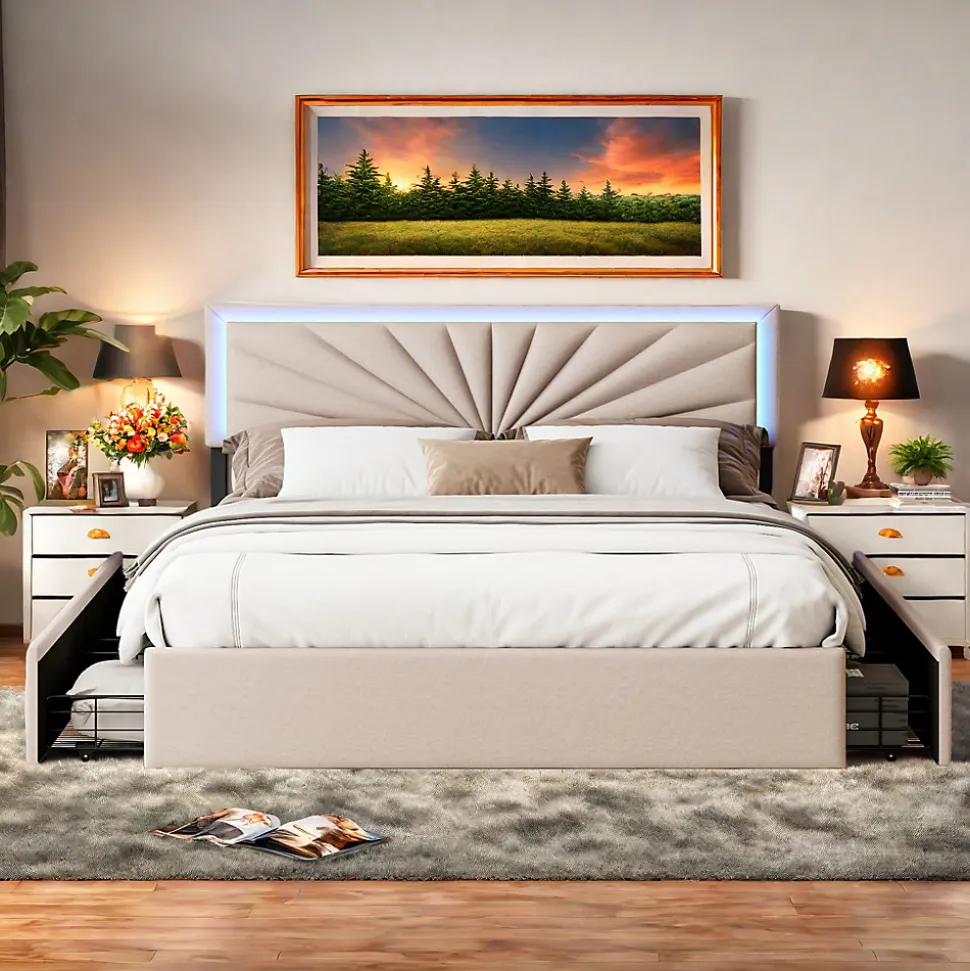 Lit 160x200 cm avec 4 tiroirs de rangement, tête de lit avec éclairage LED, revêtement en tissu beige,Lit coffre moderne