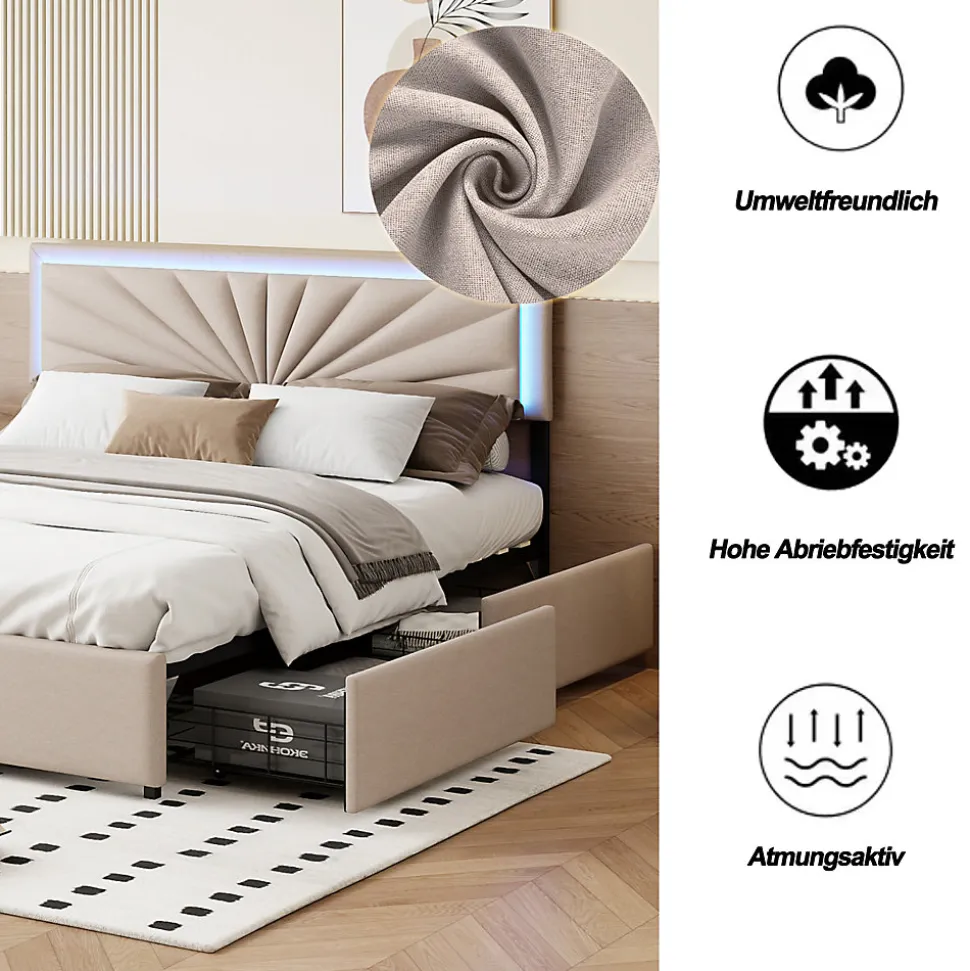 Lit 160x200 cm avec 4 tiroirs de rangement, tête de lit avec éclairage LED, revêtement en tissu beige,Lit coffre moderne