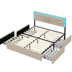 Lit 160x200 cm avec 4 tiroirs de rangement, tête de lit avec éclairage LED, revêtement en tissu beige,Lit coffre moderne