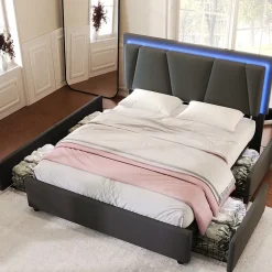 Lit 140x200 cm avec 4 tiroirs et tête de lit réglable 10 cm, LED télécommandée, structure métal et tissu gris