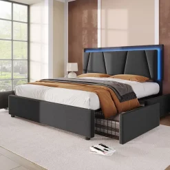 Lit 140x200 cm avec 4 tiroirs et tête de lit réglable 10 cm, LED télécommandée, structure métal et tissu gris