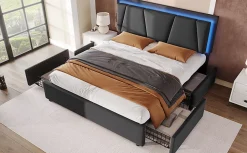 Lit 140x200 cm avec 4 tiroirs et tête de lit réglable 10 cm, LED télécommandée, structure métal et tissu gris