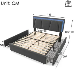 Lit 140x200 cm avec 4 tiroirs et tête de lit réglable 10 cm, LED télécommandée, structure métal et tissu gris