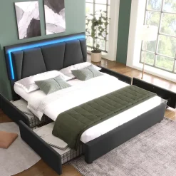 Lit 140x200 cm avec 4 tiroirs et tête de lit réglable 10 cm, LED télécommandée, structure métal et tissu gris