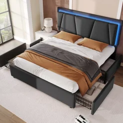 Lit 140x200 cm avec 4 tiroirs et tête de lit réglable 10 cm, LED télécommandée, structure métal et tissu gris