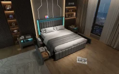 Lit 160x200 cm avec 4 tiroirs et sommier a lattes, tete integree USB Type C et eclairage LED multicolore, tapisse lin gris
