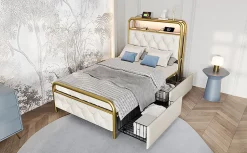 Lit 90x200 cm avec 2 tiroirs et tête de lit avec prises USB Type-C, LED et cadre métal tapissé velours blanc