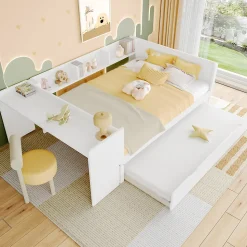 Lit 140x200 cm avec bureau intégré et lit gigogne, structure pin blanc et 3 étagères fonctionnelles