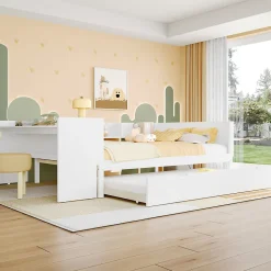 Lit 140x200 cm avec bureau intégré et lit gigogne, structure pin blanc et 3 étagères fonctionnelles