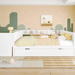 Lit 140x200 cm avec bureau intégré et lit gigogne, structure pin blanc et 3 étagères fonctionnelles