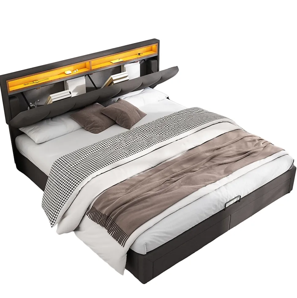 Lit 160x200 cm avec éclairage LED intégré, tête de lit rembourrée en lin gris foncé et cadre métal robuste