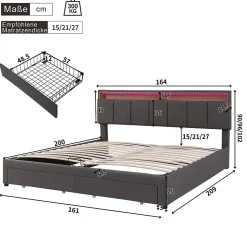 Lit 160x200 cm avec éclairage LED intégré, tête de lit rembourrée en lin gris foncé et cadre métal robuste