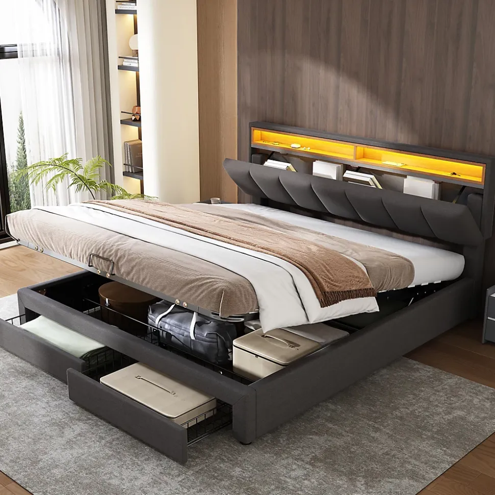 Lit 160x200 cm avec éclairage LED intégré, tête de lit rembourrée en lin gris foncé et cadre métal robuste