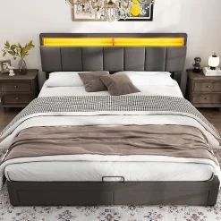 Lit 160x200 cm avec éclairage LED intégré, tête de lit rembourrée en lin gris foncé et cadre métal robuste