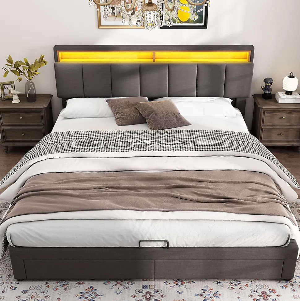 Lit 160x200 cm avec éclairage LED intégré, tête de lit rembourrée en lin gris foncé et cadre métal robuste