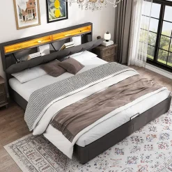 Lit 160x200 cm avec éclairage LED intégré, tête de lit rembourrée en lin gris foncé et cadre métal robuste