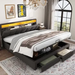 Lit 160x200 cm avec éclairage LED intégré, tête de lit rembourrée en lin gris foncé et cadre métal robuste