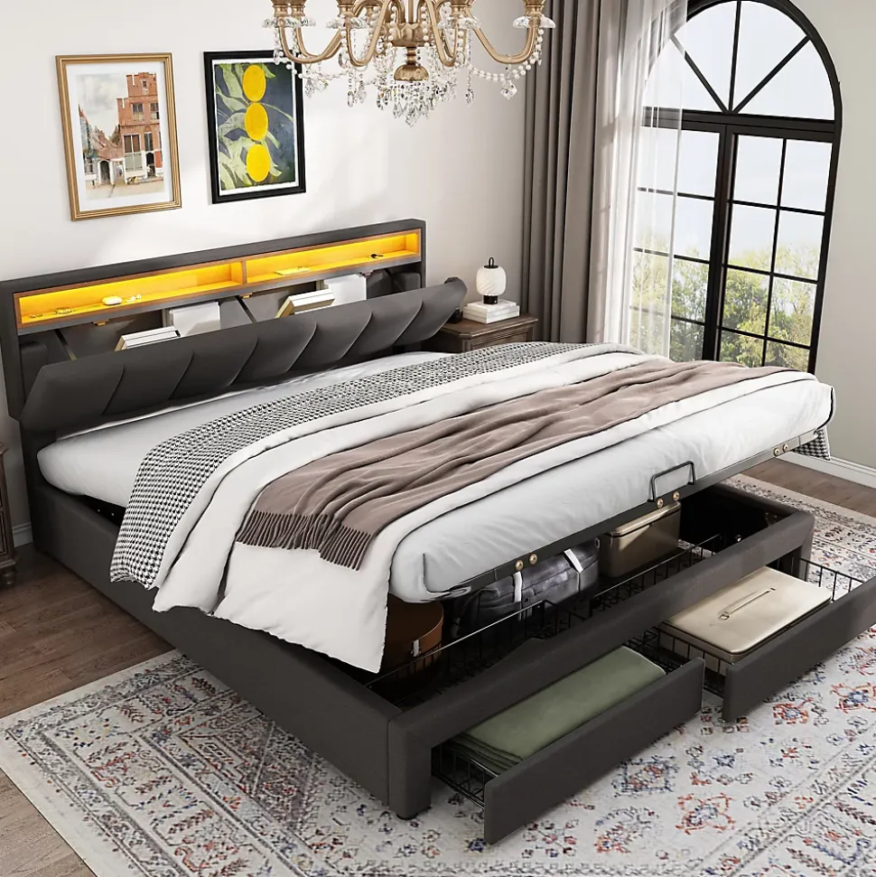 Lit 160x200 cm avec éclairage LED intégré, tête de lit rembourrée en lin gris foncé et cadre métal robuste