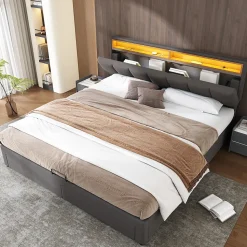 Lit 160x200 cm avec éclairage LED intégré, tête de lit rembourrée en lin gris foncé et cadre métal robuste