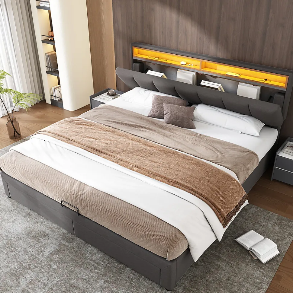 Lit 160x200 cm avec éclairage LED intégré, tête de lit rembourrée en lin gris foncé et cadre métal robuste