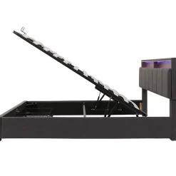 Lit 160x200 cm avec éclairage LED intégré, tête de lit rembourrée en lin gris foncé et cadre métal robuste