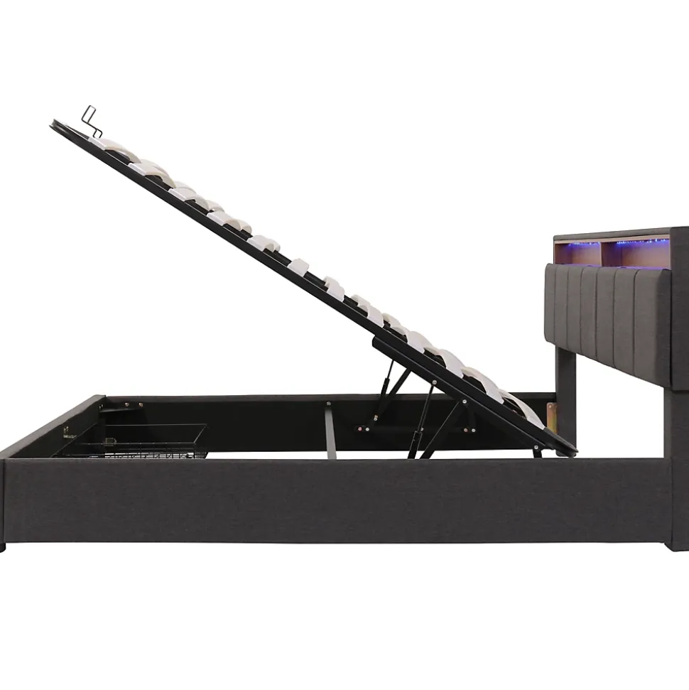 Lit 160x200 cm avec éclairage LED intégré, tête de lit rembourrée en lin gris foncé et cadre métal robuste