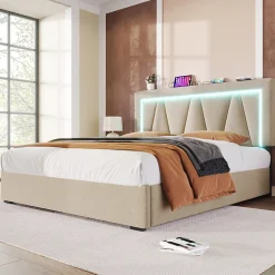 Lit 160x200 cm avec éclairage LED et ports USB Type-C, coffre de rangement intégré, revêtement lin beige