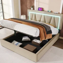 Lit 160x200 cm avec éclairage LED et ports USB Type-C, coffre de rangement intégré, revêtement lin beige