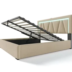 Lit 160x200 cm avec éclairage LED et ports USB Type-C, coffre de rangement intégré, revêtement lin beige