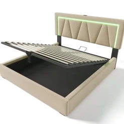 Lit 160x200 cm avec éclairage LED et ports USB Type-C, coffre de rangement intégré, revêtement lin beige