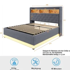 Lit 180x200 cm avec éclairage LED multicolore et rangement hydraulique, tapissé tissu lin gris, cadre métal