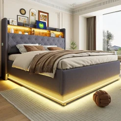 Lit 180x200 cm avec éclairage LED multicolore et rangement hydraulique, tapissé tissu lin gris, cadre métal