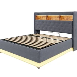 Lit 180x200 cm avec éclairage LED multicolore et rangement hydraulique, tapissé tissu lin gris, cadre métal