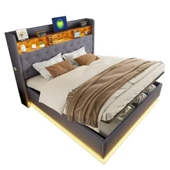 Lit 180x200 cm avec éclairage LED multicolore et rangement hydraulique, tapissé tissu lin gris, cadre métal