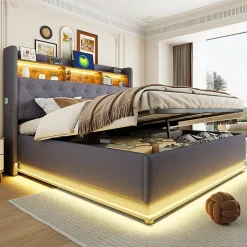 Lit 180x200 cm avec éclairage LED multicolore et rangement hydraulique, tapissé tissu lin gris, cadre métal