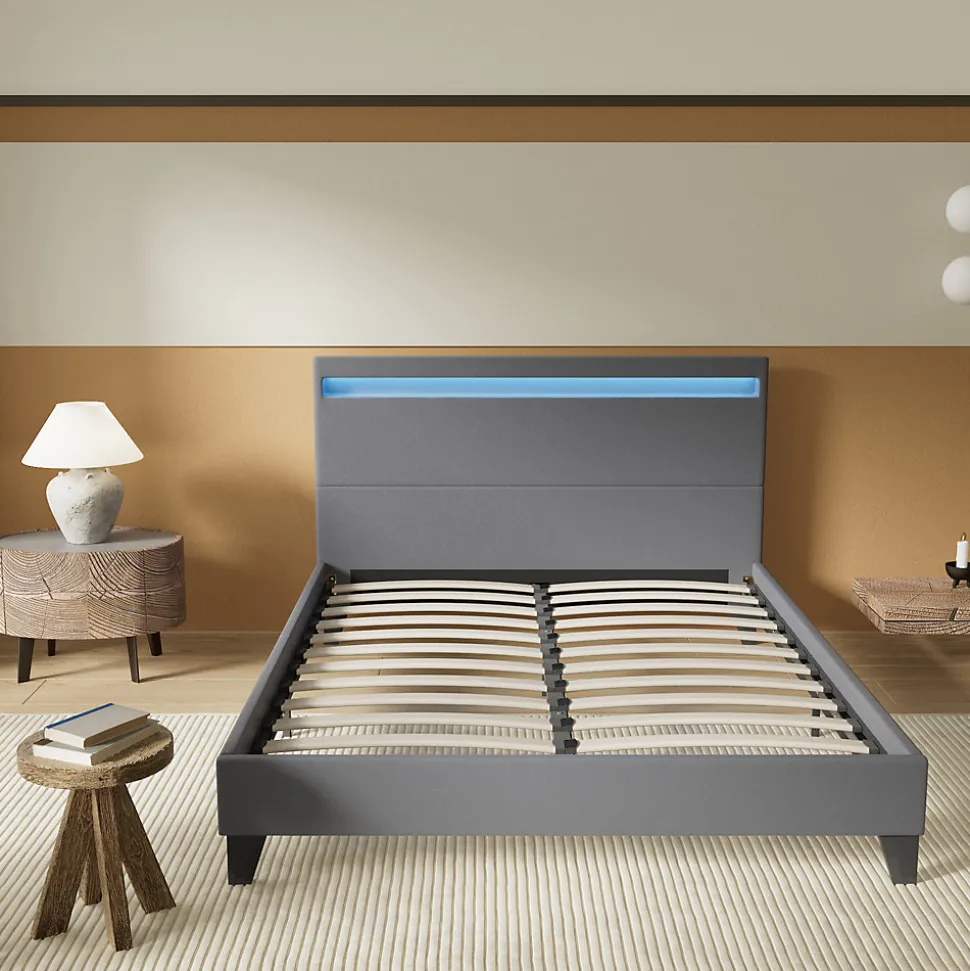 Lit 160x200 cm avec Éclairage LED Simili Gris