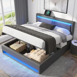 Lit 140x200 cm avec éclairage LED, ports USB rétractables et rangement, revêtement PU effet litchi gris