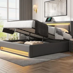 Lit 140x200 cm avec éclairage LED, ports USB rétractables et rangement, revêtement PU effet litchi gris